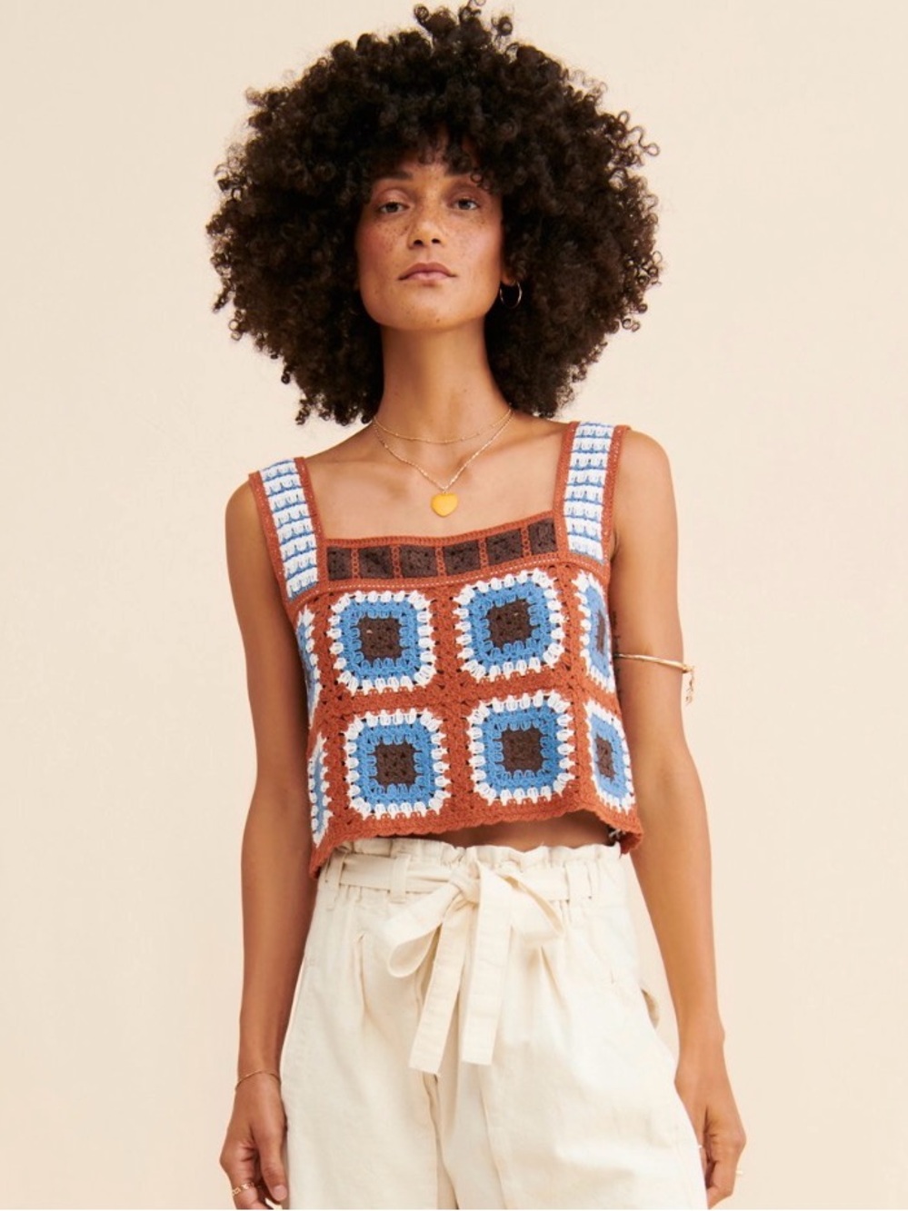 Crocheted Square Tank in Brown, Blue & Cream - Picture 4 of 4